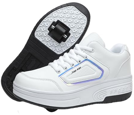 Mateju Schuhe mit Rollen für Jungen Mädchen, Kinder Rollschuhe Schuhe mit Rollen, Mode Outdoor Turnschuhe Versenkbarer, 2-in-1 Roller Schuhe Turnschuhe Skateboardschuhe 35 EU Weiß
