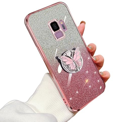 Glitzer Hülle für Samsung Galaxy S9 Schutzschale Schmetterling Ständer Handyhülle für Galaxy S9 Weich TPU Galvanisierte Bling Anti-Scratch Schale für Mädchen Frauen Case für Samsung S9 (pink)