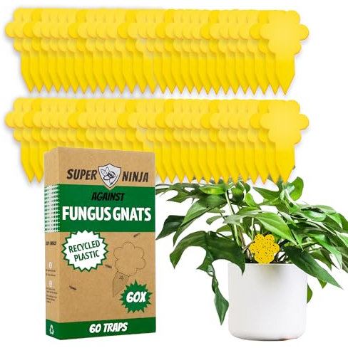 Super Ninja Trampas para Moscas - Pack de 60 Trampas Adhesivas para Plantas, Eficaces contra Moscas en Interiores, Insecticida para Plantas No Tóxico y Ecológico, hasta 3 Meses de Duración