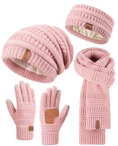 Damen-Wintermütze, Schal, Handschuhe, Stirnband-Set, Slouchy Beanie, Ohrwärmer, Strickschal, Touchscreen-Handschuhe, warm, 4-teiliges Geschenk-Set