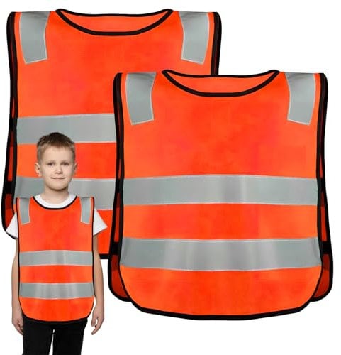 PTJJXA 2 Stück Reflektierende Weste für Kinder, Warnweste für Studierende, Sicherheitsweste mit hoher Sichtbarkeit, Reflektorweste, Atmungsaktive Leuchtweste für 3-12 Jahre (Orange)