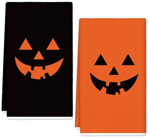 JarThenaAMCS Halloween-Küchentücher, Kürbisgesicht, Geschirrtücher, 45,7 x 71,1 cm, Orange / Schwarz, handtrocknen, Geschirrtücher zum Kochen, Backen, Reinigungstuch, Geschenk, 2 Stück