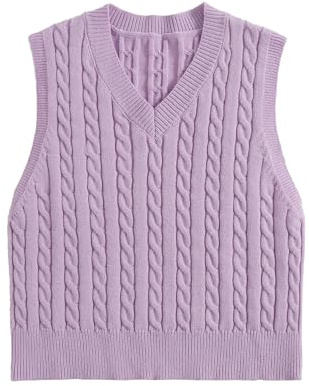FULIER Damen Weste Ärmelloser Pullunder Sweater Preppy Style Pullover V-Ausschnitt Crop Top Winter Tank Top (Lila,XXL)
