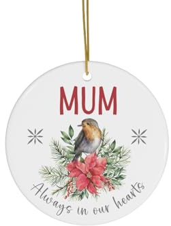 Personalised Christmas Tree Ornament – Memorial Ornament with Robin Design for Mum Dad Grandparents – “Always in Our Hearts” – In Memory of Loved One, Ceramic Decoration for Holiday Tree (Mum)