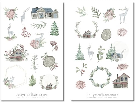 Winter Sticker Set - Journal Sticker, Planer Sticker, Aufkleber Feiertage, Tiere, Blumen, Pflanzen, Haus, Wald, Natur, Holz, Blumen, Hirsch