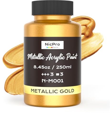 Nicpro Oro Pintura Acrilica Metálico, 250 ml Acrilico, No Tóxica, Resistente a la Decoloración, para Metal, Madera, Arcilla, Tela, Lienzo, Muebles, Manualidades y Materiales de Arte