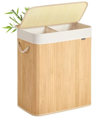 SONGMICS Cesto Portabiancheria, 100 L, Cesta Biancheria a 2 Scomparti in Bambù, Coperchio, Maniglie, Pieghevole, Sacco Rimovibile e Lavabile in Lavatrice, Lavanderia, Casa, Bagno, Naturale LCB074Y01