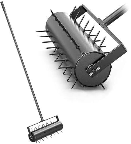 JAOGAUS Aérateur de pelouse - Type de rouleau - Avec manche et clous de 5 cm et protection anti-éclaboussures - Scarificateur manuel roulant pour cours et pelouses dans le jardin - Outils de jardin