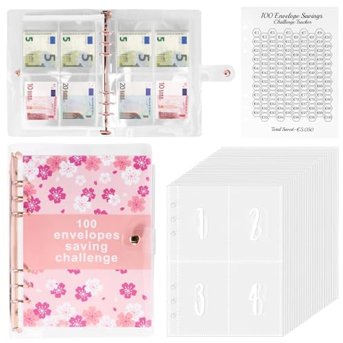 Geld Sparen Mappe, Sparbuch für Geld 100 Envelope Saving Challenge mit 25 Transparenten Geldumschlägen,100 Umschläge Spar Challenge Sparen Sie 5050€ Geldspar Budgetordner für Zuhause, Büros, Schule
