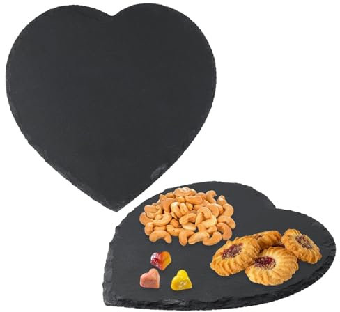 Chovbe 2 Stück Schieferplatte Herz 20x20cm - Servierplatte aus Schiefer, Schiefertafel zum Beschriften, Schwarz Steinplatte für Buffet, Käse, Sushi, Rutschfeste Deko Untersetzer