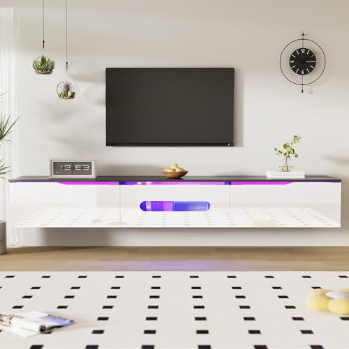 BTM Meuble TV Blanc et Noir avec Éclairage LED, Meuble TV Moderne avec Rangement, Meuble Télé 180cm pour Salon, Suspendu ou au Sol, Porte Pliante Haute Brillance, Charge de 50kg, 180x35x30cm