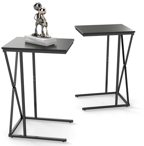 Manora Beistelltisch Schmal 2er-Set,Couchtisch holz,Wohnzimmertisch laptop tisch für sofa,kleiner tisch für Wohnzimmer Schlafzimmer,Kaffeetisch Hoch C-Form Schwarz Metall,Industrial Style (2, Schwarz)
