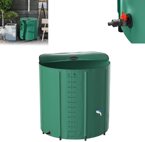 Froadp 750L Regentonnen Faltbare Regenwassertonne mit Deckel & Skala, Matte Plane, Wasserspeicher Wassertank für Gartenbewässerung, Eisbaden Tonne, Regenwasserfass inkl. Ablassventil(Grün)