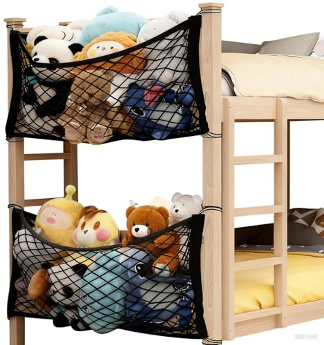 2-Pack Stuffed Animal Storage Net for Kids - Soft Cuddly Toy Organizer, 70 * 30cm Hanging Elastic Net with Tether for Bedroom, Black