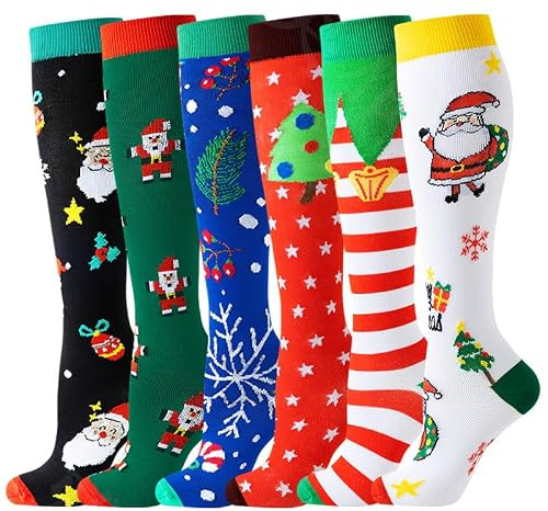 6 Paar Weihnachts kompressionsstrümpfe damen und Herren Weihnachts-Kniestrümpfe zur Linderung von Krampfadern Strümpfe für Sport, Krankenpflege und Schwangerschaft