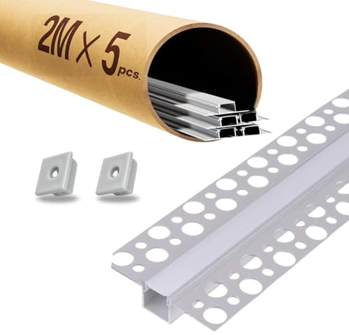 Evotrade – Promo-Pack 5 LED Aluminiumprofile Für Gipskarton 2M Pro Stück (10M Gesamt) Mit Inklusive Opaler Abdeckung Und Endkappen – Versenkte Installation, Durchgehendes Und Elegantes Licht