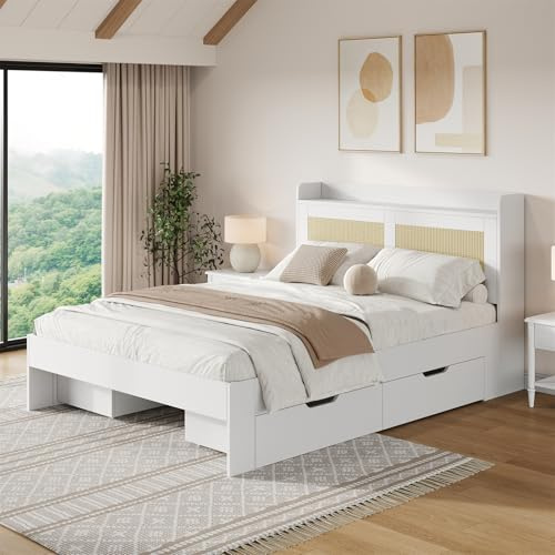 Stauraumbett 140 x 200 cm, Doppelbett, Funktionsbett mit Schubladen Stauraum,Massivholzbett mit Rattan Dekor,Bett für Erwachsene und Jugendliche, weiß,ohne Matratze,
