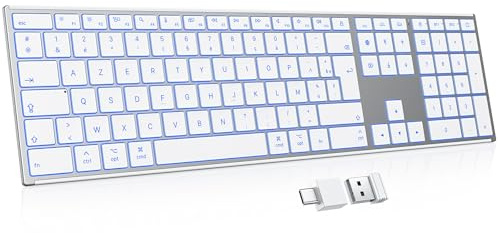 OMOTON Teclado Mac inalámbrico, metal 2.4G Bluetooth retroiluminado, AZERTY | 2,4 GHz + 2 canales Bluetooth, compatible con Apple Mac Pro/Mini/Air/iMac, USB-C Recargable, Escritorio o Estudio