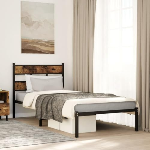 Hoopleep Metallbett Bettgestell Räuchereiche 107x203 cm, Robustes Eisen Doppelbett mit Kopfteil, Lattenrost, Vielseitiger Stauraum unter dem Bett, Modernes Design für Schlafzimmer, Schwarz