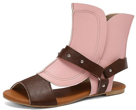 Vintage Gladiator Sandalen Damen Flach Peep Toe Nieten Gurtriemen Römische Sandalen Stiefel Retro Sommer Flats Für Street Stil und Locker Ausflüge,Rosa,43 EU