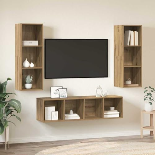 Hoopleep Wall-Mounted TV Cabinet Set, 3-Piece Artisan Oak Engineered Wood Entertainment Center for Living Room, Tall Storage Solution, Modern Media Console