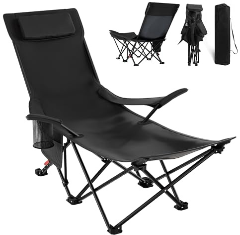 T-ZBDZ Chaise de camping, pliable avec repose-pieds et support dorsal réglable sur 4 positions, chaise de camping avec porte-gobelet et sac de transport, chaise pliante pour camping, pêche et plage