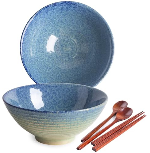 Auanlay 1200ml Ceramic Ramen Bowl Set of 2 Japanese Noodle Bowls with Spoons and Chopsticks, Sea Blue