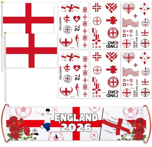 World Cup Football 2026 Set 9Pcs St Georges Flag Soccer Banner World Cup Decor with England Stickers English Hand Flag Party Decorations Football Matches for Fans