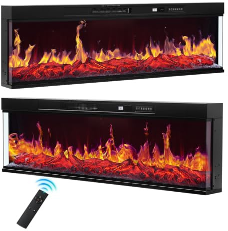 50/60 3 Sided Panoramic Electric Fireplace Media Wall Fire Recessed Electric Fire with 12 Color LED Flames 750W/1500W Heater Remote Control Overheat Protection Timer 1-8H (60inch/152cm)