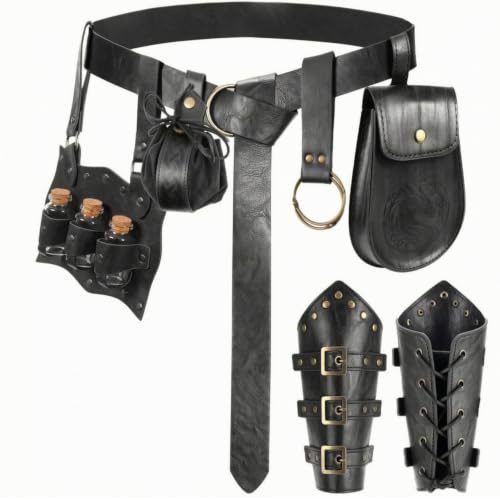 Hellery Mittelalter Armband Ritter Armband Manschette Armreif Armschiene aus Kunstleder mit Metallösen Und Schnallen für Historisches Kostüm Cosplay Theater, Schwarz, 6-Teiliges Set 560g