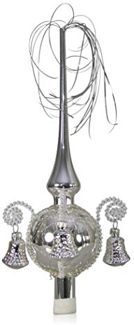 Lauschaer Glas Weihnachtsbaumspitze mit Formglöckchen Silber, umsponnen L ca. 28cm d(Kugel) 7cm Christbaumschmuckspitze mundgeblasen,handdekoriert,Leonischer Draht