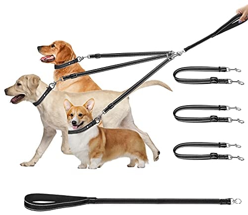3 Dog Lead, Reflective Detachable 3 Way Dog Leash Handle padded Adjustable Triple Dog Coupler Traction Rope for Walking One, Two, Three Dogs Black