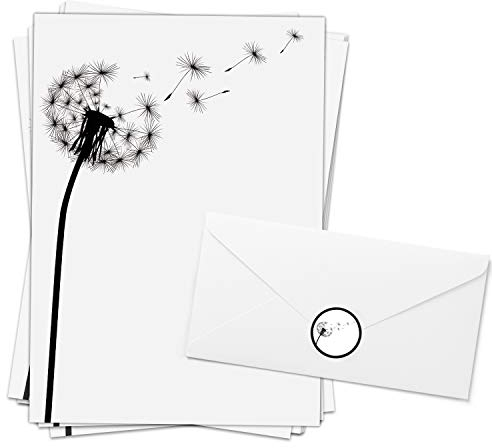 10 Blatt Trauerpapier im Set/Stilvoll/Pusteblume/Briefpapier mit 10 Umschlägen und 10 passenden Etiketten/Trauerbrief