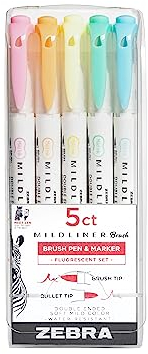 Zebra Pen Mildliner Double Ended Brush and Fine Tip Pen, Assorted Fluorescent Colors, 5-Count