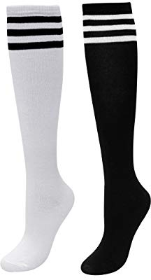 CHIC DIARY Kniestrümpfe Damen Mädchen Fußball Sport Socken College Cheerleader Kostüm Strümpfe Cosplay Streifen Strumpf, 2 Paar(schwarz+weiß Schwarz Streifen), Einheitsgröße