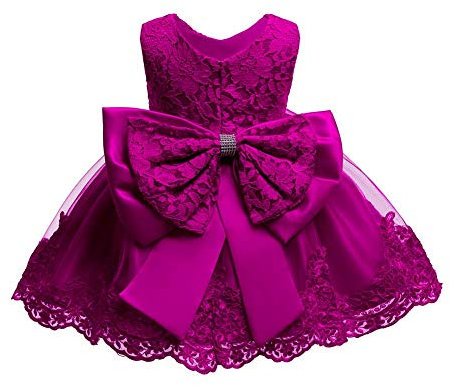 Vestito da Ragazza Festa in Pizzo per Bambini Abiti da Sposa Damigella d'Onore Bowknot Tutu Abito da Compleanno Principessa Senza Maniche Formale Battesimo Sera Cerimonia Vestiti Fucsia 5-6 Anni