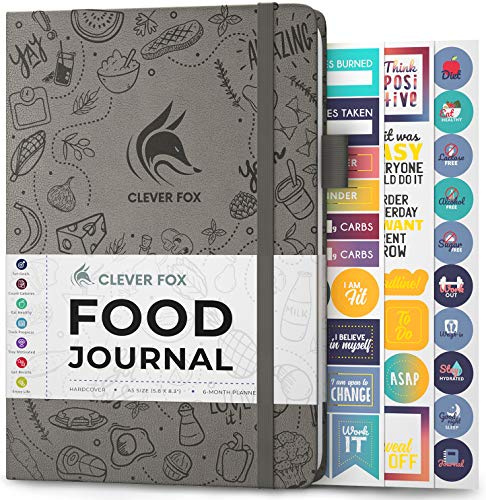 Clever Fox Food Journal for Women & Men, Weight Loss Tracker, Grey | Compact 14.5 x 21cm daily diet diary, food & fitness log, track meals, calories & nutrients, calorie counting notebook