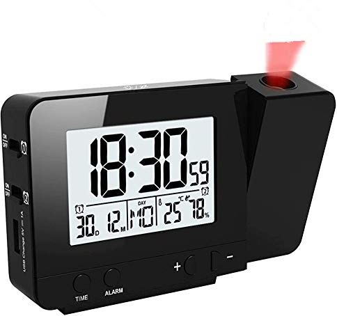 HJRUIUA Sveglia con Proiettore Display Orologio con retroilluminazione, scientific Orologio, Le Proiezione del muro, parete. Snooze,Ora,Temperatura, umidità, Data, Nero