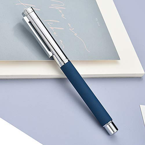 Hongdian Stainless Metal Fountain Pen, Blue Colour Wave Pattern Barrel, Extra Fine Nib Ink Pen with Pen Case