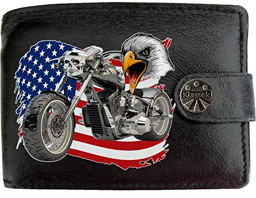 Motorcycle Chopper American USA Flag Bald Eagle Head Motor Bike Mens Wallet Gift Box KLASSEK Brand Real Black Leather RFID Blocking with Coin Pocket