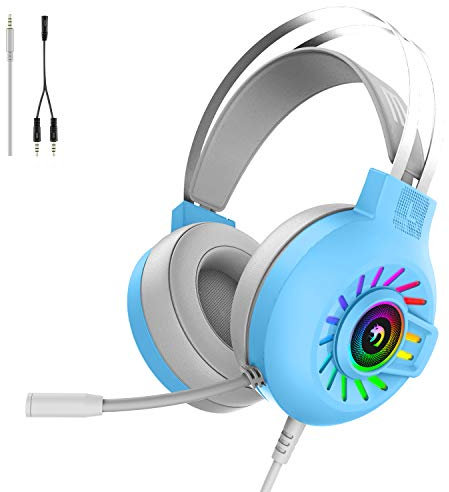 Gaming Headset, 3.5mm Stereo Wired Over-Head Gaming Headphone with RGB Rainbow Backlit, Professional Headphone Stereo Surround Sound and Noise Canceling Microphone, for PS4/ Xbox one/Mac/PC (Blue)