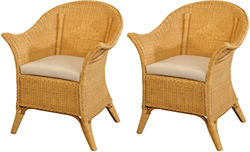Extra breiter Rattansessel Natur Rattanstuhl Flechtsessel Lounge Korbsessel (Set/2 Honig - Gelb, mit Kissen)