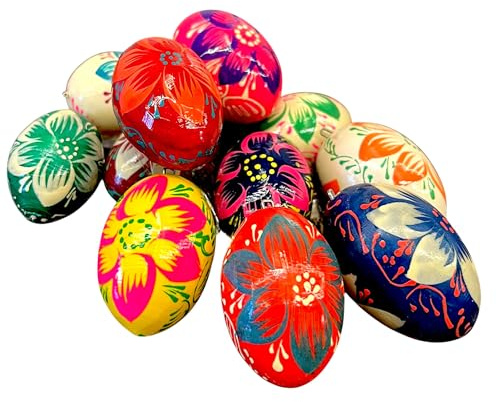 Ukrainisches Kunsthandwerk Handbemalte Ostereier aus Holz – 12er Set Blumenmotive – Osterdeko zum Aufhängen min Metallöse