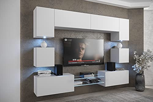 Furnitech Wohnwand Wohnzimmer - Wohnzimmer Möbel mit LED RGB - 16 Farben - Hängend Wohnwand Modern - Wohnzimmer Schrankwand mit Regale und TV Schrank (Nowara ANX1-17W-M2-1A)