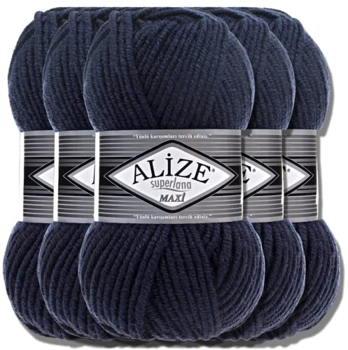 Alize 5 x 100g Superlana Maxi Türkische Premium Wolle Baumwolle und Acryl Uni Handstrickgarne | Yarn | Garn | Strickgarn Einfarbig Baby zum Häkeln Stricken Kleidung Schals (Navy | 58)