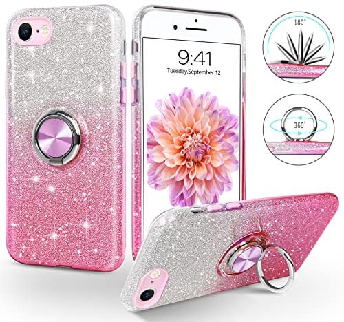 SouliGo for iPhone SE (2022&2020) Case/iPhone 8 Case/iPhone 7 Case Glitter Bling Sparkle Girls Women 360° Ring Holder Kickstand Magnetic Car Mount Phone Cover, Gradient Pink