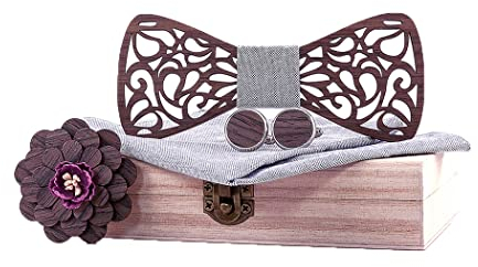 HZQIFEI Fliege aus Holz, 4-teiliges Set mit Fliege aus Holz + Manschettenknöpfe + Brosche + quadratische Tasche, modisches Accessoire, Stil #27, Ensemble de 4 pièces