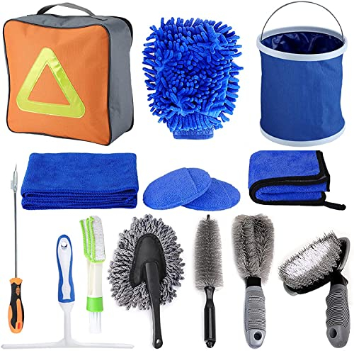 AIKER Kit Limpieza Coche Profesional Interior y Exterior,14PCS Juego Completo Productos Limpieza Coche -Microfibra Paño Limpieza/Cepillo de Ruedas/Guantes/Cera Almohadillas Aplicador/Cubo Plegable