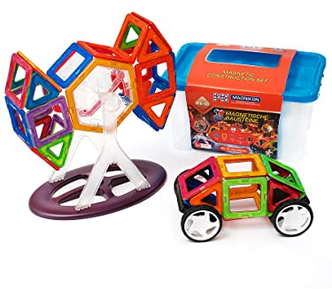 MAGNIKON Magnetische Bausteine Riesenrad, Magnetbausteine Auto, 48 Teile | Magnetsteine, Bausteine ab 3 Jahre, Magnete für Kinder, Baukasten, Konstruktionsspielzeug, Magnet Spiel, Motorikspielzeug