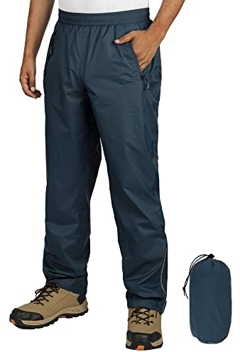 Outdoor Ventures Men's Waterproof Trousers Lightweight Packable Overtrousers Windproof Motorbike Rain Over Pants for Walking Cycling Hiking Fishing Navy Blue L/34 Inseam